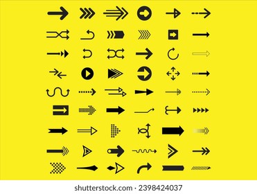 Arrows big black set icons. Arrow vector collection isolated on yellow background. Modern simple Vector illustration Set arrow icon. Collection different arrows sign. Black vector 