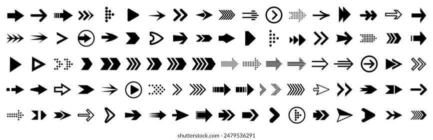 Flechas grandes iconos de conjunto negro, icono de flecha, flechas simples modernas, cursor de colección de Vector de flecha