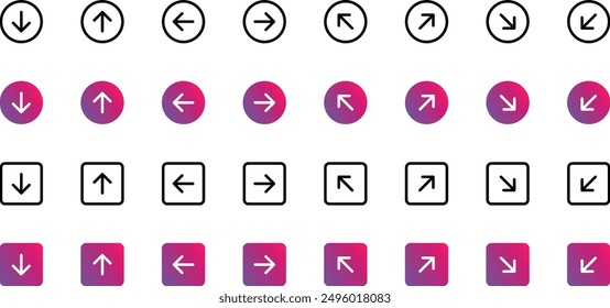 Arrows big black set icons, arrow icon, modern simple arrows, arrow vector collection cursor in gradient fill. Cursor arrow up down and symbol. Modern simple solid arrows  in circle and square shape