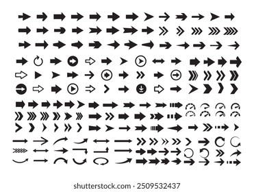 Die Pfeile sind große schwarze Symbole. Pfeilvektorsammlung. Pfeil. Cursor Moderne einfache Pfeile. Vektorgrafik eps 