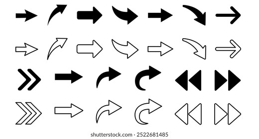 Flechas grandes iconos de conjunto negro, icono de flecha, flechas simples modernas, cursor de colección de Vector de flecha