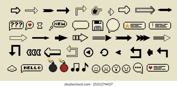 Arrows big black set icons , vector collection in different styles. 8 Bit pixel arrows vector big set of icons, collection of arrow direction cursors in old PC or gaming console style