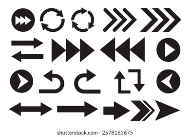 Arrows big black set icons. Arrow icon. Flat arrow vector, diverse direction vector illustration, navigation, pointing symbols, black arrows icon. Illustration