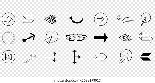 Flechas grandes iconos de conjunto negro. diferentes signos de flecha.