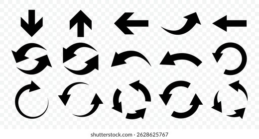 Setas grandes ícones de conjunto preto. Defina setas diferentes ou design da Web. Coleção conjunto de setas diferentes. Símbolos de direção. Cursor de setas simples moderno. Ilustrador de vetor