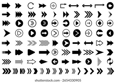 Setas grandes ícones de conjunto preto, setas simples modernas, seta vetor coleção cursor. Ícone de seta definido. Cursor. Colecione diferentes sinais de seta. Ícones de setas pretas. Coleção de ícones de seta, conjunto de vetores.

