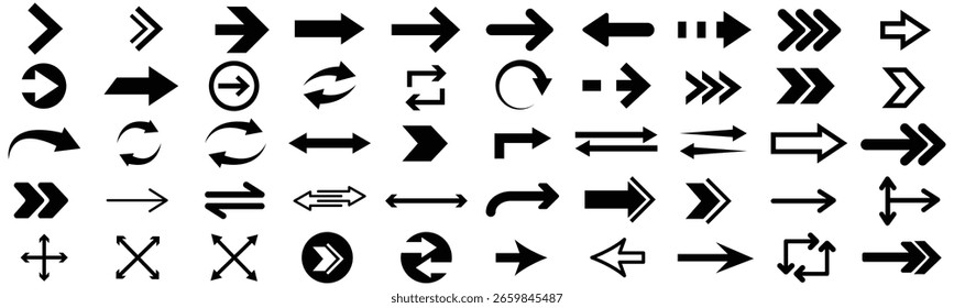 Pfeile große schwarze Satz Symbole, Pfeilsymbol, moderne einfache Pfeile, Pfeil Vektor Sammlung Cursor. Pfeile setzen Symbol in schwarzer Farbe. Pfeilvektorsammlung. Vektorgrafik. Moderne und einfache Pfeile.