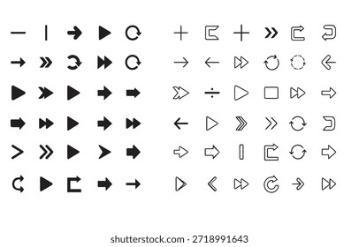 Flechas grandes iconos de conjunto negro, una Grande colección de iconos de flecha minimalistas dispuestos en una cuadrícula ordenada. Las flechas varían en dirección, grosor y estilo, incluyendo flechas rectas, curvas, circulares, chevrones, Botones de juego, símbolos de avance rápido, punteados y flechas de navegación dobladas. Todos los íconos son negros sólidos con algunas variantes delineadas, estilo de Vector plano, sin Gradientes, sin sombras. Espaciado limpio y consistente, alto contraste, Formas geométricas simples.