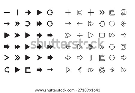 Arrows big black set icons, A large collection of minimalist arrow icons arranged in a neat grid. The arrows vary in direction, thickness, and style, including straight arrows, curved, circular, chevrons, play buttons, fast-forward symbols, dotted, and bent navigation arrows. All icons are solid black with some outlined variants, flat vector style, no gradients, no shadows. Clean, consistent spacing, high contrast, simple geometric shapes.
