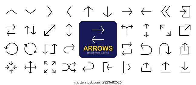 Arrows big black set of web icons in line style. Arrow collection signs for web and mobile app. Arrow icons with various directions. Cursor, UI, web graphics, apps. Vector illustration