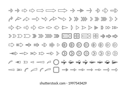 Arrows big collection, with borders and shadows, vector icon set. Paper monochrome sticker pack. Simple design template for web, advertising, business, presentation and other design projects.