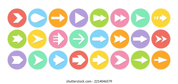 Arrows big colorful icon set. Different shape arrow round buttons. Cursor sign collection. Flat icons for apps interface, web site navigation. Right left up down direction pointer modern pictogram