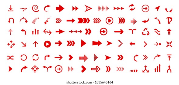 Flechas grandes iconos de conjunto rojo. Icono de flecha. Flechas para diseño web, aplicaciones móviles, interfaz y más. Ilustración de material vectorial.