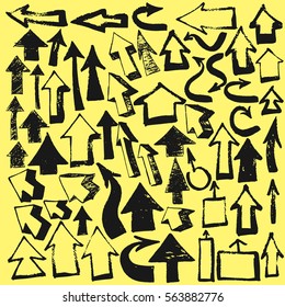 Arrows big set hand drawing grunge pen brush graphics on yellow for background