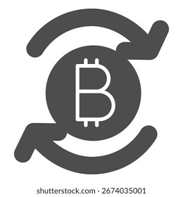 Arrows and bitcoin solid icon, cryptocurrency concept. Vector graphics. Cryptocurrency exchange, crypto coin sign on white background, glyph style icon for mobile or web design