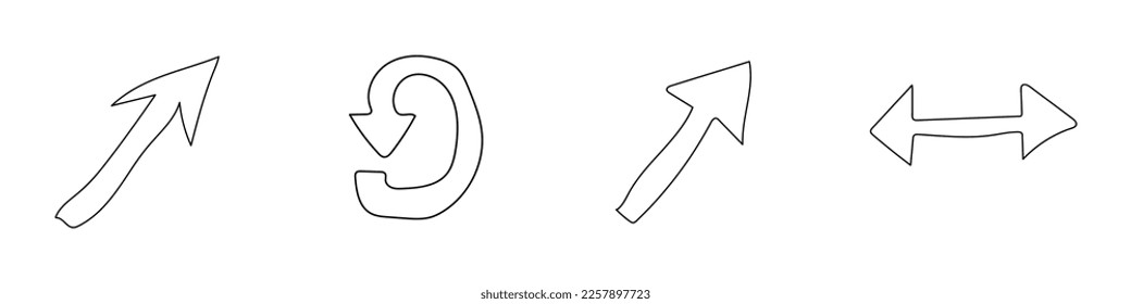 Arrows black abstract contours vector. Set of black arrows in flat style. Arrows in a linear style are contoured in black.