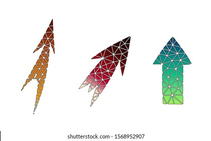 Arrows black icon set vector illustration, low poly style. Red, green, orange colors
