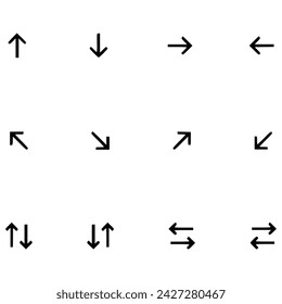 Arrows black icon set. Vector arrow. Collection of different arrows icons. Arrow icon. Cursor, pointer for web design, interface. Vector illustration. Set arrow icon. Collection different arrows sign.