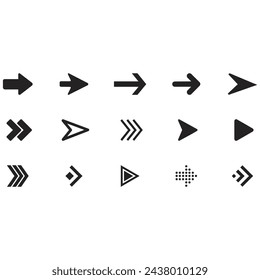 
Arrows black icon set. Vector arrow. Collection of different arrows icons. Arrow icon. Cursor, pointer for web design, interface. Vector illustration. Set arrow icon. Collection different arrows sign