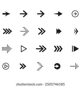 Arrows black icon set. Vector arrow. Collection of different arrows icons. Arrow icon. Cursor, pointer for web design, interface. Vector illustration. Set arrow icon. Collection different arrows sign.