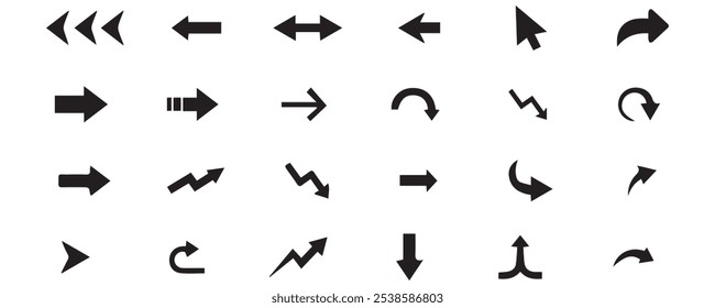 Conjunto de ícones de seta preta. Seta vetorial. Coleção de diferentes ícones de setas. Ícone de seta. Cursor, ponteiro para web design, interface. Ilustração vetorial. Definir ícone de seta. Sinal de setas diferentes da coleção.