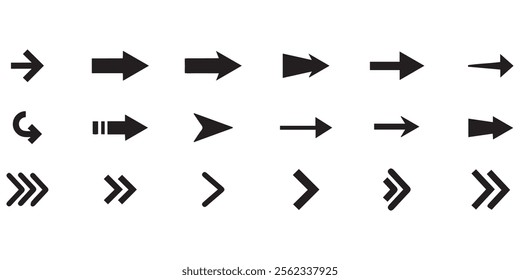 Arrows black icon set. Vector arrow. Collection of different arrows icons. Arrow icon. Cursor, pointer for web design, interface. Vector illustration. Set arrow icon. Collection different arrows sign.