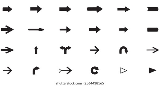 Arrows black icon set. Vector arrow. Collection of different arrows icons. Arrow icon. Cursor, pointer for web design, interface. Vector illustration. Set arrow icon. Collection different arrows sign.