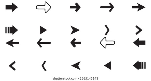 Arrows black icon set. Vector arrow. Collection of different arrows icons. Arrow icon. Cursor, pointer for web design, interface. Vector illustration. Set arrow icon. Collection different arrows sign.