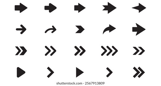 Arrows black icon set. Vector arrow. Collection of different arrows icons. Arrow icon. Cursor, pointer for web design, interface. Vector illustration. Set arrow icon. Collection different arrows sign