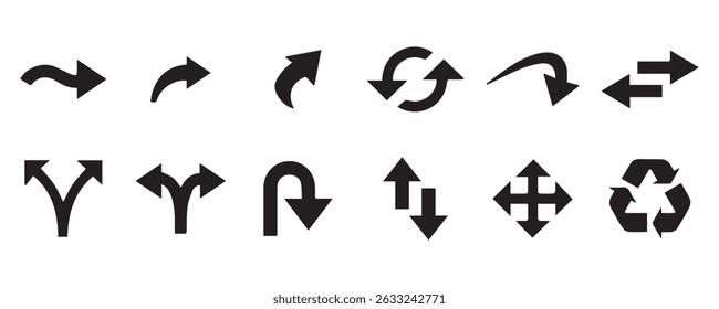 Arrows black icon set. Vector arrow. Collection of different arrows icons. Arrow icon. Cursor, pointer for web design, interface. Vector illustration. Set arrow icon. Collection different arrows sign.