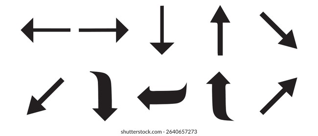 Arrows black icon set. Vector arrow. Collection of different arrows icons. Arrow icon. Cursor, pointer for web design, interface. Vector illustration. Set arrow icon. Collection different arrows sign.