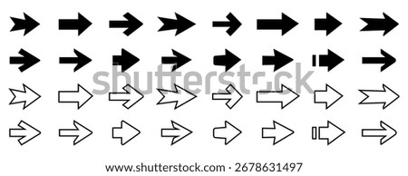 Arrows, Black arrows icons. Different cursor arrow direction symbols in flat style. High-quality vector set of directional arrow icons in various styles and orientations. Arrow. Cursor. 