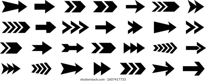 Arrows black icons set. Arrow icon. Cursor. Collection different arrow signs. Set of new style black vector arrows isolated on white. Arrow flat style isolated on white background