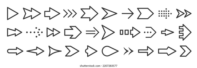 Arrows black line icon big set. Different shape pointer symbol. Arrow download upload next page web navigation buttons. Up down left right forward backward direction signs. Mouse cursor pictogram