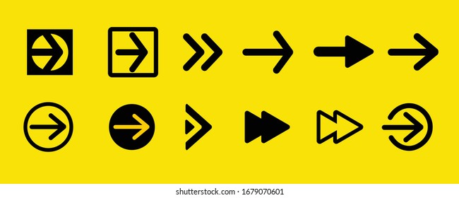 Arrows are a black set of icons on a yellow background. The arrow icon. Collection of vector arrows. Arrow. Cursor. Modern simple arrows. Vector illustration
