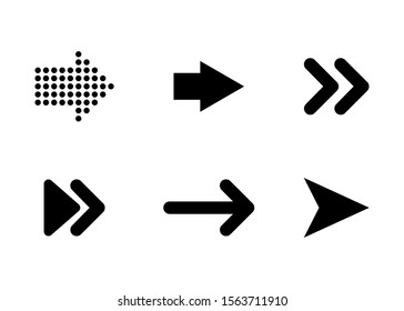 Arrows black vector icons. Arrow. Set of Arrows different shapes, isolated on white background. Arrows in a row in modern simple flat design. Vector iilustration