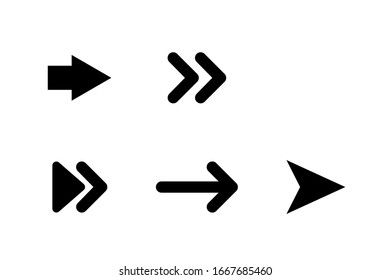 Arrows black vector icons. Arrow. Cursor icons. Set of Arrows different shapes, isolated on white background. Arrows in a row in modern simple flat design. Vector iilustration.