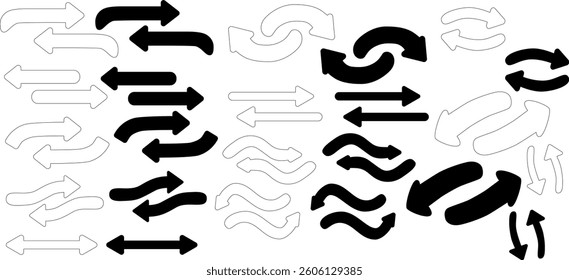 Arrows black and white icons set. Arrow icon. Vector arrows collection. Collection of various arrow signs. Black and white vector arrow icons.