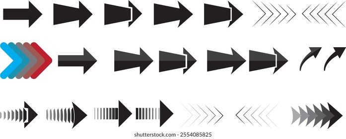 Arrows in black, white, red, blue, and gray, pointing in various directions (forward, backward, curved, straight) and styles (thick, thin, outline, filled, gradient). Ideal for design, navigation.