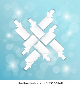 arrows and blank paper blocks on blue background with shining balls