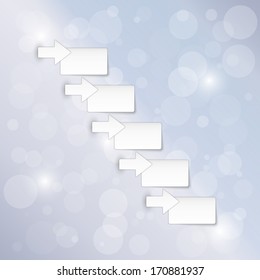 arrows and blank paper blocks on blue background with shining balls