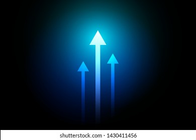 Arrows up bluelight on dark background, sedate concept.
