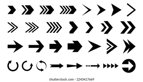 Arrows Bold black set icons. Arrow icon. Arrow vector collection. Arrow. Cursor. Modern simple arrows. black arrows isolated on white background. Collection different arrows sign Vector illustration.