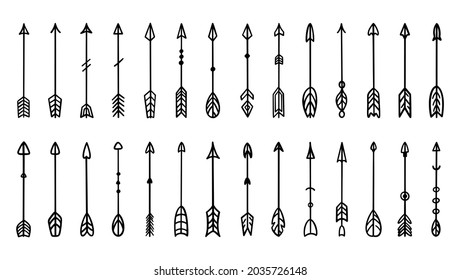Arrows for bow set. Aztec, ethnic, Indian, hipster, tribal and boho elements. For postcards, invitations and tattoos. Isolated vector illustration doodle hand drawn style.