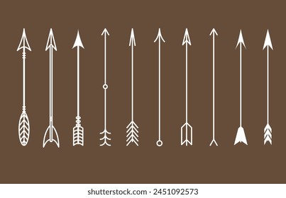 Arrows for bow set. Aztec, ethnic, Indian, hipster, tribal and boho elements. For postcards. Vector.