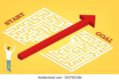 Arrows breaking through the maze, image illustrations breaking through preconceived ideas, isometric