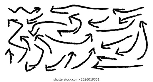 Arrows with brushes big black set icons. set of black vector grunge arrows. Arrows. Cursor. Modern simple arrows. Texture abstract chalk, crayon pencil style. 