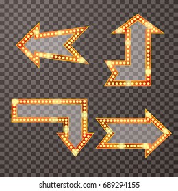 arrows with bulb lamps, retro transparent background, layered and editable