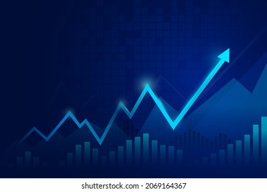 arrows and candlestick chart business of stock market trading on blue background bullish point up trend chart Economic vector design. blue background