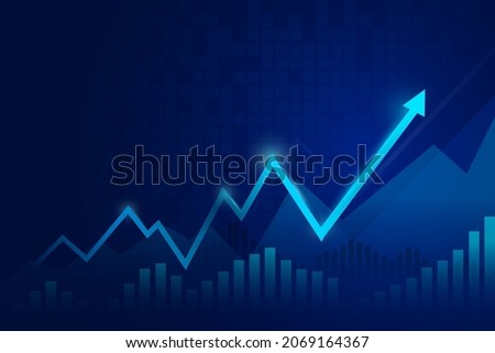 arrows and candlestick chart business of stock market trading on blue background bullish point up trend chart Economic vector design. blue background